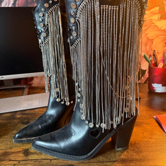 Dolls Kill Shoes - Black Cowboy Boots w Rhinestone Fringe